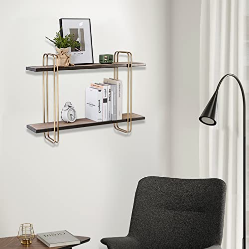 Oakrain Floating Shelves Wood, 32" Industrial Wall Shelves with Metal Frame for Bedroom, Living Room, Bathroom, Kitchen, Bar, Gold