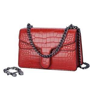 glod jorlee women’s fashion chain crossbody shoulder bags – classic stone crocodile pattern leather square flap handbags satchel purse (red)
