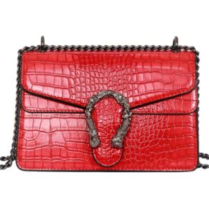 GLOD JORLEE Women's Fashion Chain Crossbody Shoulder Bags - Classic Stone Crocodile Pattern Leather Square Flap Handbags Satchel Purse (Red)