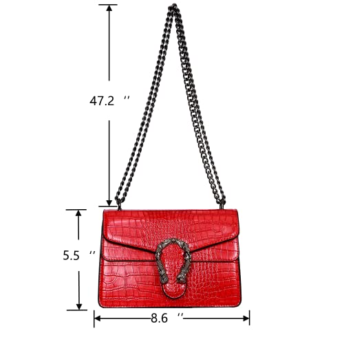 GLOD JORLEE Women's Fashion Chain Crossbody Shoulder Bags - Classic Stone Crocodile Pattern Leather Square Flap Handbags Satchel Purse (Red)