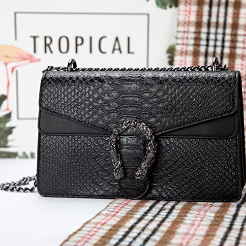 GLOD JORLEE Trendy Chain Crossbody Bags for Women - Luxury Snake-Print Leather Shoulder Satchel Bag Evening Clutch Purse Handbags (001-black)