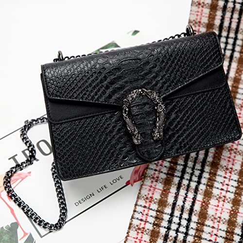 GLOD JORLEE Trendy Chain Crossbody Bags for Women - Luxury Snake-Print Leather Shoulder Satchel Bag Evening Clutch Purse Handbags (001-black)