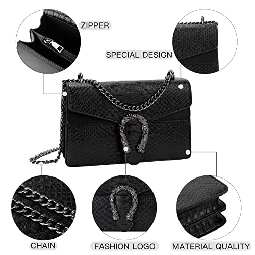 GLOD JORLEE Trendy Chain Crossbody Bags for Women - Luxury Snake-Print Leather Shoulder Satchel Bag Evening Clutch Purse Handbags (001-black)