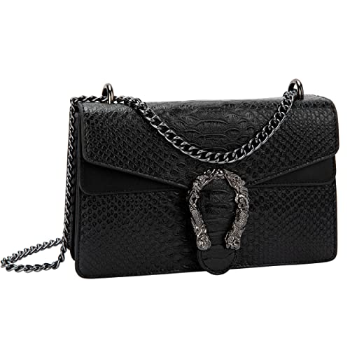 GLOD JORLEE Trendy Chain Crossbody Bags for Women - Luxury Snake-Print Leather Shoulder Satchel Bag Evening Clutch Purse Handbags (001-black)