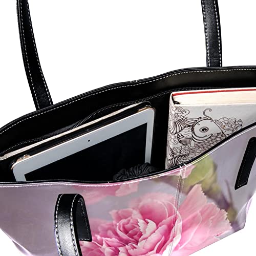 Leather Handbag for Women, Tote Bag Shoulder Hobo Bags for Dating Shopping Daily Purses Carnation Bossom Bloom Pink Flower