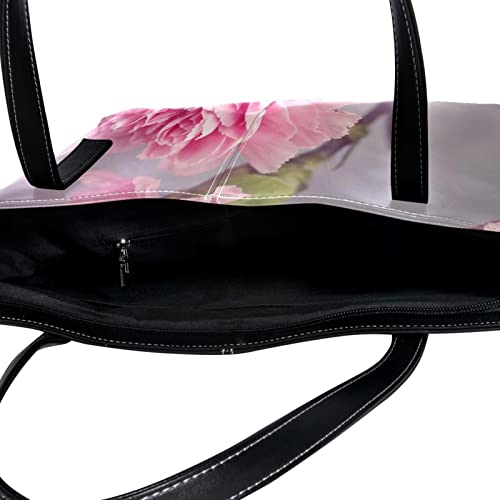 Leather Handbag for Women, Tote Bag Shoulder Hobo Bags for Dating Shopping Daily Purses Carnation Bossom Bloom Pink Flower