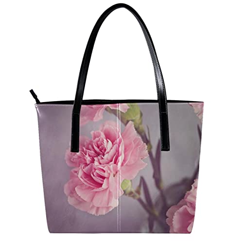 Leather Handbag for Women, Tote Bag Shoulder Hobo Bags for Dating Shopping Daily Purses Carnation Bossom Bloom Pink Flower