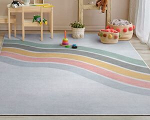well woven kids modern rugs curved rainbow 5′ x 7′ multi color printed machine washable area rug