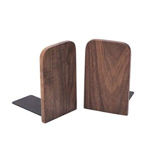 vintage wooden bookends with metal base 2 pcs heavy duty black walnut book stand with anti-skid dots for office desktop or shelves