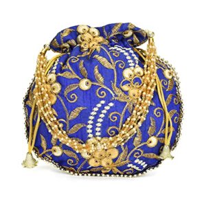 Ekavya Indian Drawstring Purse Bag Pouch Potli For Gift Jewelry Gifts Wedding Faux Pearls Strings Drawstring Bag for Women. Purse for Women (Blue)