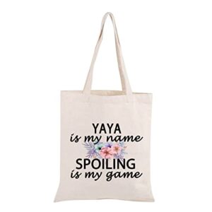 pwhaoo yaya grandma gift yaya is my name spoiling is my game tote bag canvas best yaya ever shopping bag (spoiling yaya tote)
