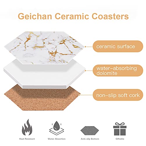 Geichan Marble Gold Coasters for Drinks Absorbent with Cork Base, 6pcs Drink Coasters for Wooden Table with Metal Holder, Gold Ceramic Cup Coaster Set Home Decor for Tabletop Protection