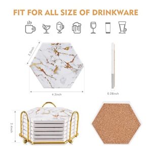 Geichan Marble Gold Coasters for Drinks Absorbent with Cork Base, 6pcs Drink Coasters for Wooden Table with Metal Holder, Gold Ceramic Cup Coaster Set Home Decor for Tabletop Protection