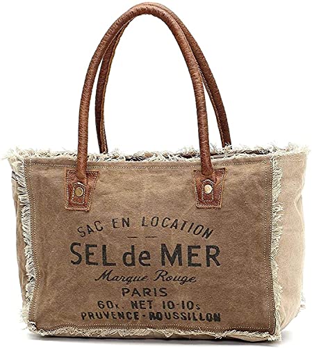 NATURALS EXPORT OAG Upcycle Canvas Bag, Handmade Bag With Leather, Tote Shoulder Handbag for Women, Brown