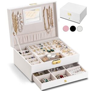 nucaza jewelry box for women girls with mirror, 2-layers large jewelry organizer box for earrings, necklaces, bracelets & rings – travel jewelry case, jewelry holder storage, gifts for women white