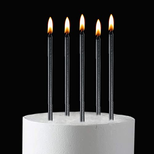 24 PCS Black Birthday Candles, Tall Glitter Cuppcake Candles Long Thin Cake Candles in Holders for Birthday Wedding Party Decorations