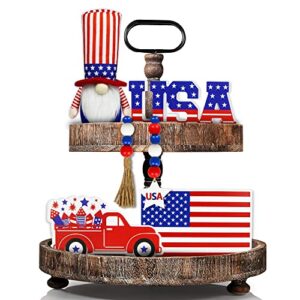 4th of july tiered tray decor – 5 pcs new year wooden decor bead garland & plush gnome, stars and stripes wooden signs patriotic decorations for independence day memorial day presidents day