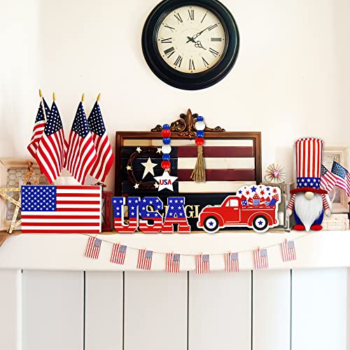 4th of July Tiered Tray Decor - 5 Pcs New Year Wooden Decor Bead Garland & Plush Gnome, Stars and Stripes Wooden Signs Patriotic Decorations for Independence Day Memorial Day Presidents Day