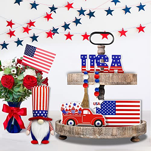 4th of July Tiered Tray Decor - 5 Pcs New Year Wooden Decor Bead Garland & Plush Gnome, Stars and Stripes Wooden Signs Patriotic Decorations for Independence Day Memorial Day Presidents Day