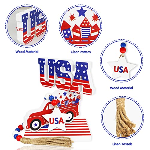 4th of July Tiered Tray Decor - 5 Pcs New Year Wooden Decor Bead Garland & Plush Gnome, Stars and Stripes Wooden Signs Patriotic Decorations for Independence Day Memorial Day Presidents Day