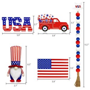 4th of July Tiered Tray Decor - 5 Pcs New Year Wooden Decor Bead Garland & Plush Gnome, Stars and Stripes Wooden Signs Patriotic Decorations for Independence Day Memorial Day Presidents Day