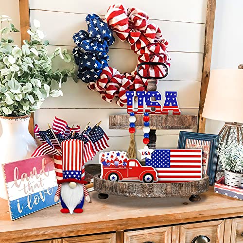 4th of July Tiered Tray Decor - 5 Pcs New Year Wooden Decor Bead Garland & Plush Gnome, Stars and Stripes Wooden Signs Patriotic Decorations for Independence Day Memorial Day Presidents Day
