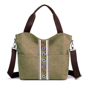 silkarea women’s vintage embroidery canvas shoulder bag hobo daily purse multi pocket large tote top handle shopper handbag (army green)