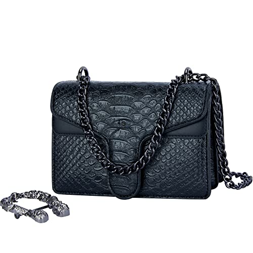 GLOD JORLEE Trendy Chain Crossbody Bags for Women - Luxury Snake-Printed Leather Shoulder Satchel Bag Evening Clutch Purse Handbags (Black, Size:XS)