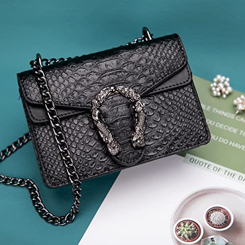 GLOD JORLEE Trendy Chain Crossbody Bags for Women - Luxury Snake-Printed Leather Shoulder Satchel Bag Evening Clutch Purse Handbags (Black, Size:XS)