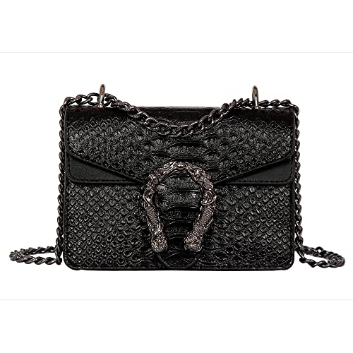 GLOD JORLEE Trendy Chain Crossbody Bags for Women - Luxury Snake-Printed Leather Shoulder Satchel Bag Evening Clutch Purse Handbags (Black, Size:XS)