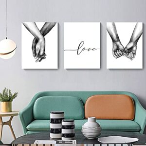 love and hand in hand wall art canvas print poster,simple fashion black and white sketch art line drawing decor for home living room bedroom office,stretched and framed ready to hang(set of 3 framed, 12×16 inches)