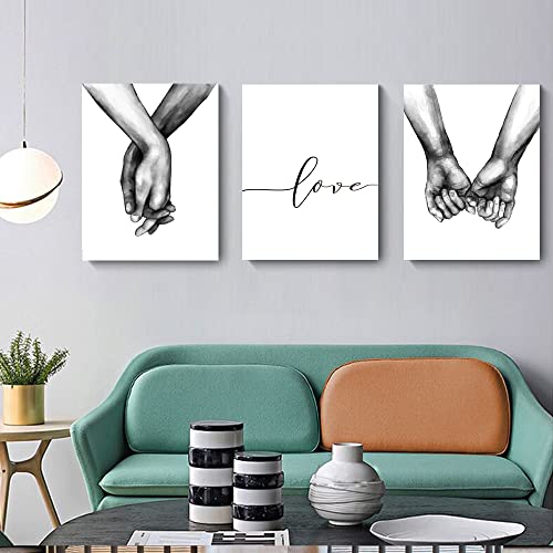 Love and Hand in Hand Wall Art Canvas Print Poster,Simple Fashion Black and White Sketch Art Line Drawing Decor for Home Living Room Bedroom Office,Stretched and Framed Ready to Hang(Set of 3 Framed, 12x16 inches)