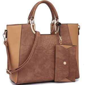 marco m kelly fashion satchel for women top handle shoulder handbags work purse 2pcs bag set with wallet (brown/tan)