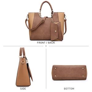 MARCO M KELLY Fashion Satchel for Women Top Handle Shoulder Handbags Work Purse 2pcs Bag Set with Wallet (Brown/Tan)