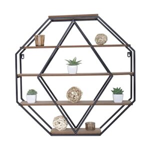 sheffield home decorative octagonal metal and wood floating shelf, black and natural