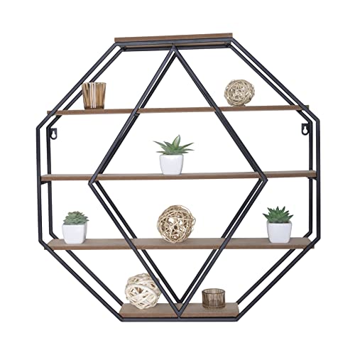 Sheffield Home Decorative Octagonal Metal and Wood Floating Shelf, Black and Natural