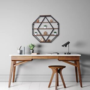 Sheffield Home Decorative Octagonal Metal and Wood Floating Shelf, Black and Natural