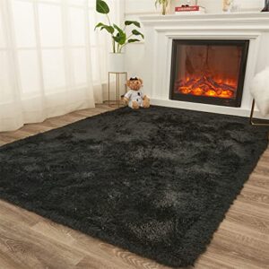 amtovo shag area rugs for bedroom, black fluffy rug plush living room carpet 8 x 10 feet, indoor modern plush area rugs, fuzzy nursery shaggy rugs for kids room