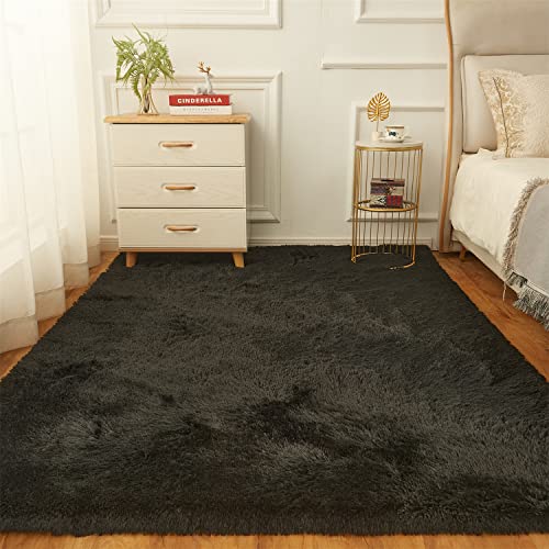 AMTOVO Shag Area Rugs for Bedroom, Black Fluffy Rug Plush Living Room Carpet 8 x 10 Feet, Indoor Modern Plush Area Rugs, Fuzzy Nursery Shaggy Rugs for Kids Room