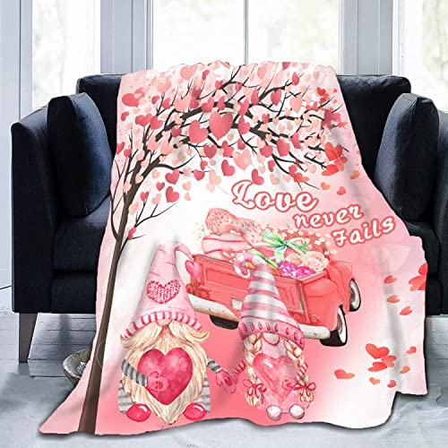 delaimastor Valentines Day Blanket Super Soft Flannel Fleece Throw Blankets Pink Red Love Heart Gnomes Truck Blanket Cozy Warm Fuzzy Plush Microfiber Blankets for Couch Bed Sofa Valentines Day Decor