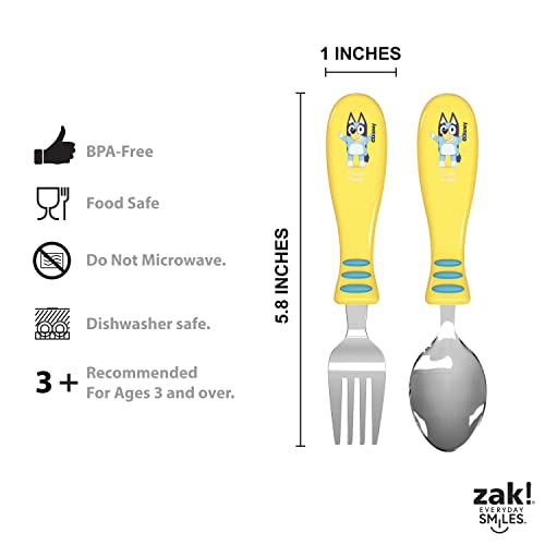 Zak Designs Bluey Kid Flatware Fun Character Art on Both Utensils, Non Slip Fork and Spoon Set is Perfect for Encouraging Picky Eaters to Finish Their Plates, 2 pack (4 PCS)