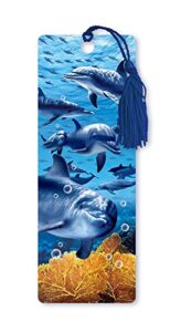 dimension 9 3d lenticular bookmark with tassel, blue dolphins featuring gold coral reef (lbm035)