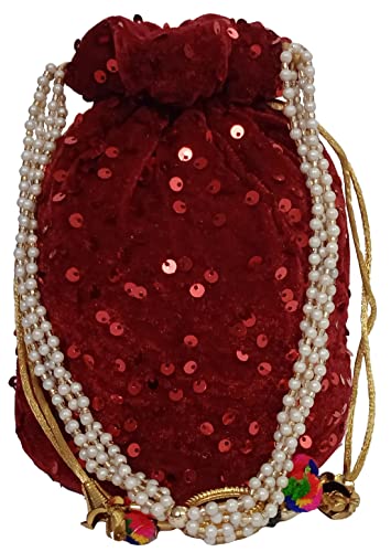 Purpledip Blingy Shiny Chenille Potli Bag (Clutch, Drawstring Purse) For Women: Red Sequin Embroidery Work (12530A)