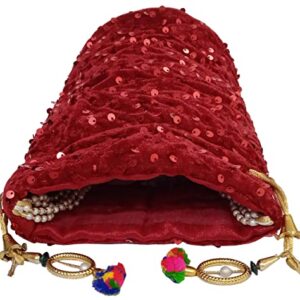 Purpledip Blingy Shiny Chenille Potli Bag (Clutch, Drawstring Purse) For Women: Red Sequin Embroidery Work (12530A)