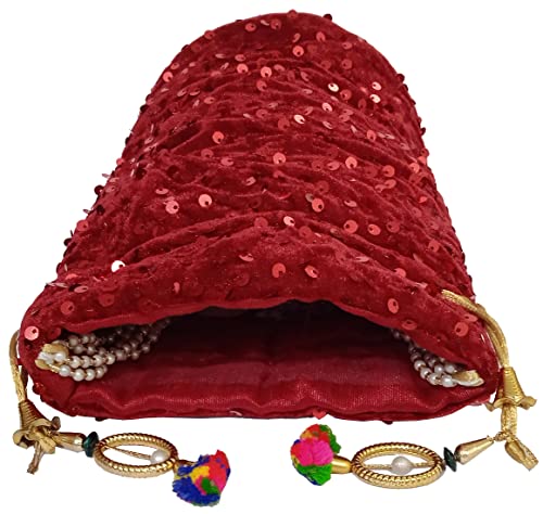 Purpledip Blingy Shiny Chenille Potli Bag (Clutch, Drawstring Purse) For Women: Red Sequin Embroidery Work (12530A)