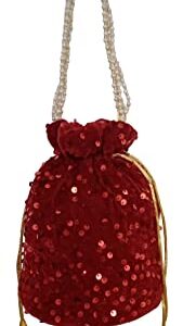 Purpledip Blingy Shiny Chenille Potli Bag (Clutch, Drawstring Purse) For Women: Red Sequin Embroidery Work (12530A)