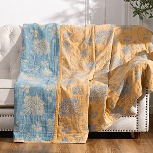 jinchan yellow throw blanket for couch spring cotton blanket soft breathable lightweight 4 layer cozy blanket twin size reversible coverlet floral blanket bed blanket baby kid gift 60×80 inch