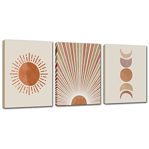 Boho Prints Sun Wall Art - Mid Century Moon Phase Canvas Paintings for Home Decoration Bohemian Framed Abstract Artwork 3PCS 12x16 Inches Pictures for Teens Bedroom Dorm Living Room Bathroom Painting