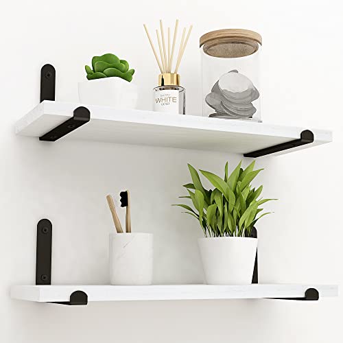 Godimerhea White Floating Shelves for Wall, Modern Wall Mounted Set of 2,Neutral Wooden Storage Decorative Hanging Shelf with Black Metal Brackets for Bathroom Living Room,Kitchen