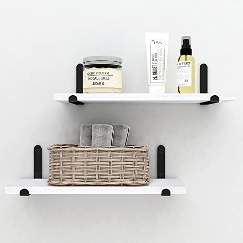 Godimerhea White Floating Shelves for Wall, Modern Wall Mounted Set of 2,Neutral Wooden Storage Decorative Hanging Shelf with Black Metal Brackets for Bathroom Living Room,Kitchen